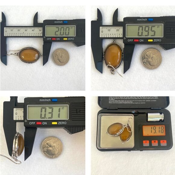 Sterling Silver 925 Large Bezel Set Oval Agate Quartz Dangle Drop Earrings - Picture 11 of 16